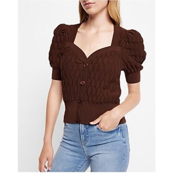 Express Knit Puff Short Sleeve Sweetheart Neckline Cardigan in Brown - Size M - Picture 1 of 6